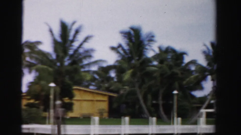 1955 Dade County home-movie frame showing a yellow waterfront house, coconut palms, lawn, and white dock pilings.