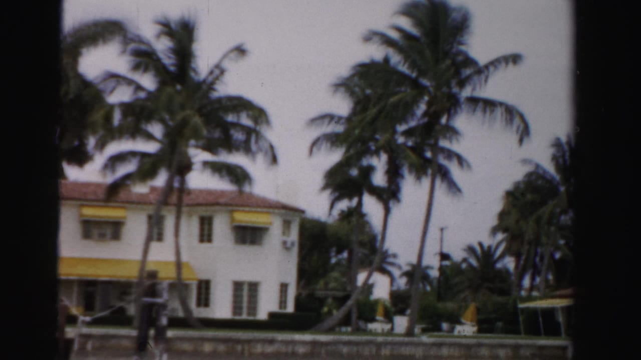 White house with yellow awnings behind palms, seen across a low wall or seawall.