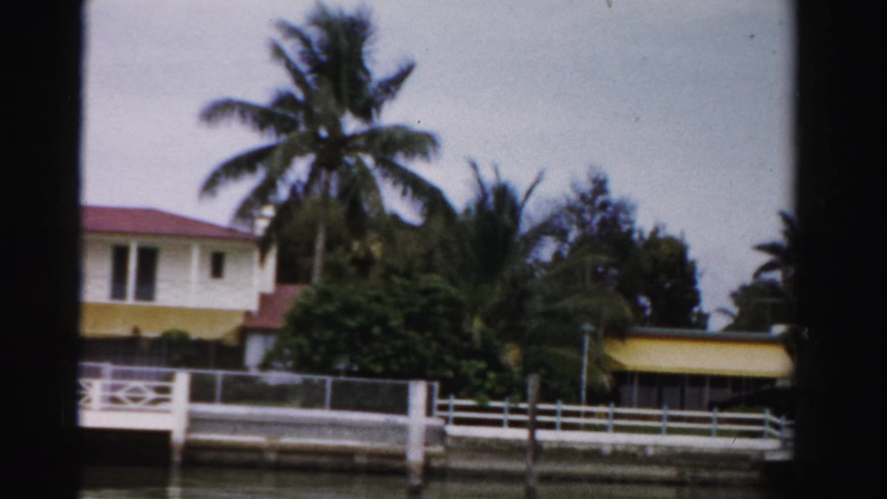 1955 Dade County waterfront view with canal water, white railings, palm trees, and residential houses along the shore.