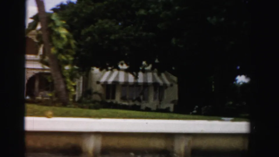 1955 Dade County waterfront view with palms, shaded trees, striped awnings, white wall, lawn, and seawall beside the water.