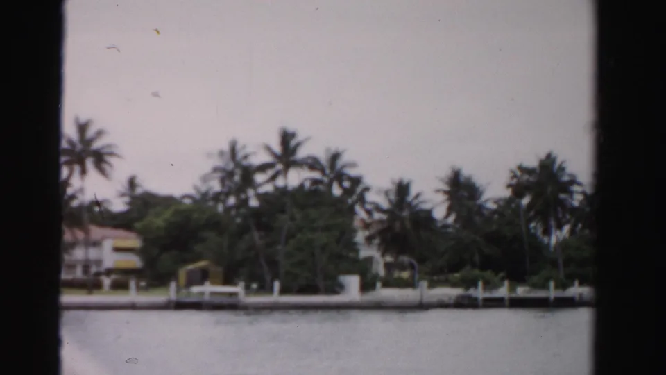1955 Dade County waterfront view with palms, low homes, docks, and a white seawall seen from across the water.
