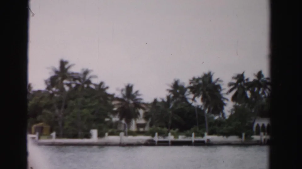 1955 waterfront estate view in Dade County, showing palms, white dock structures, low walls, and homes across calm water.