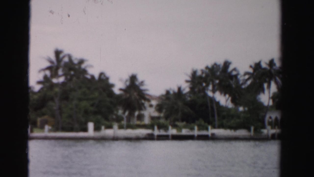 Dade County shoreline in 1955 showing palms, a long white seawall, private docks, and waterfront residences.