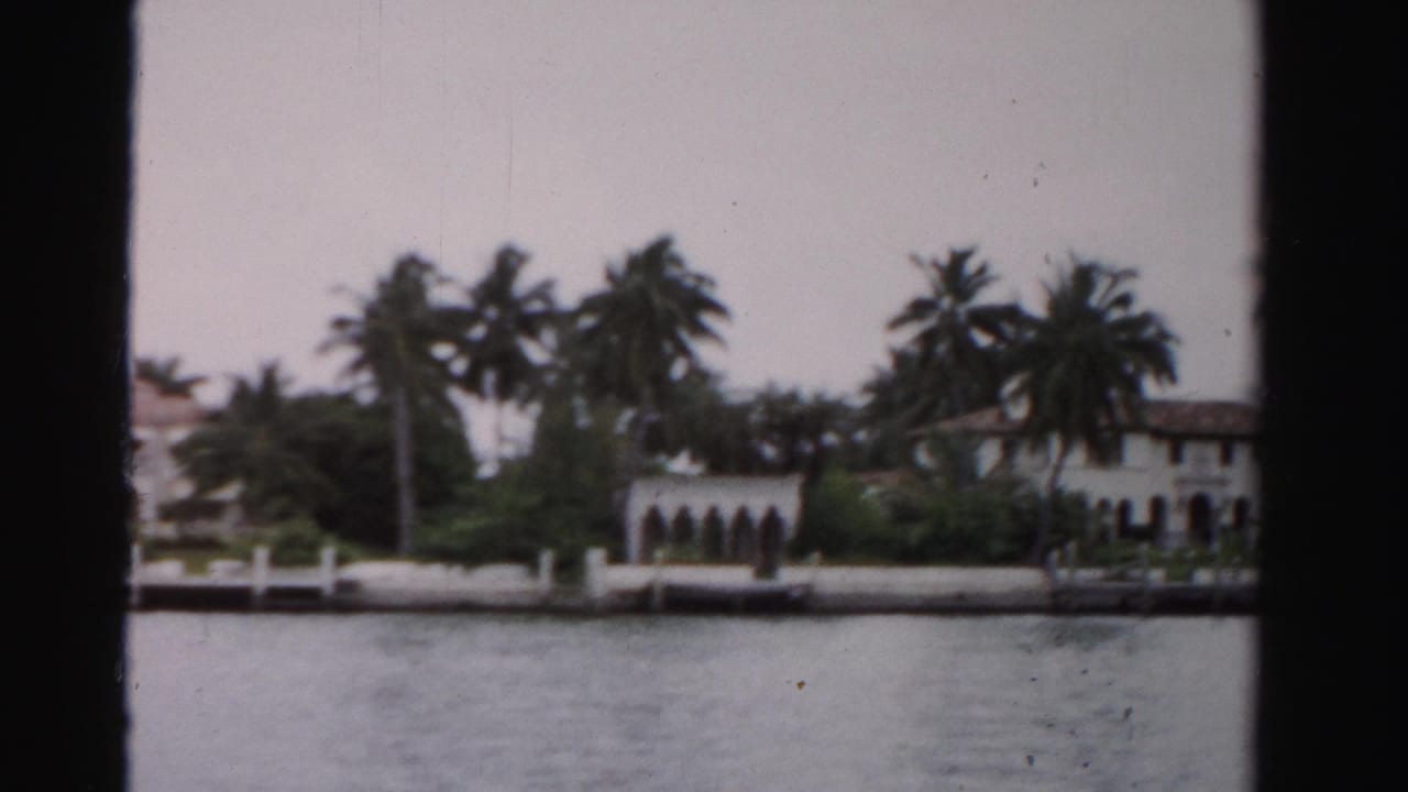 White waterfront house with palm trees, dock posts, and water in the foreground.