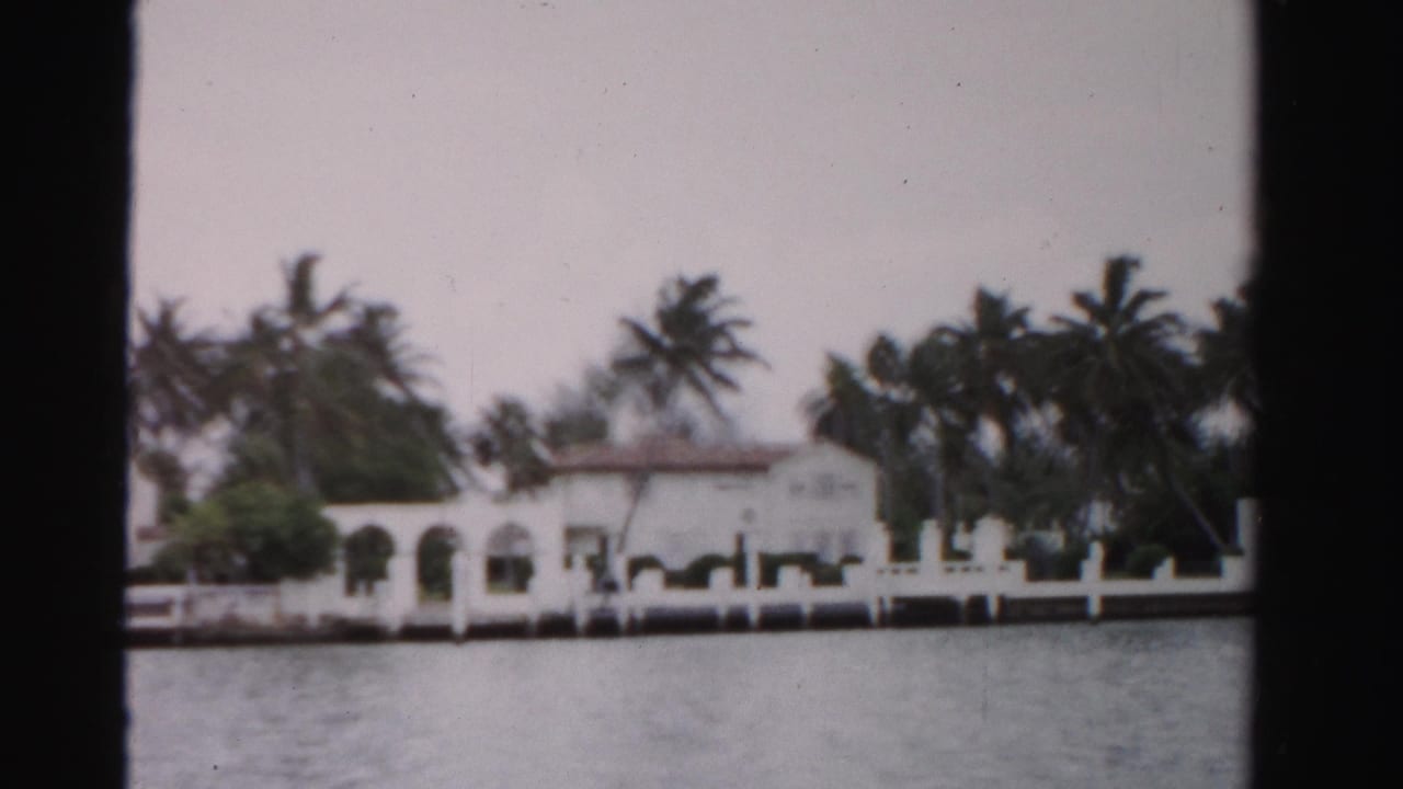 Waterfront residence with palms and a low wall viewed from across water.