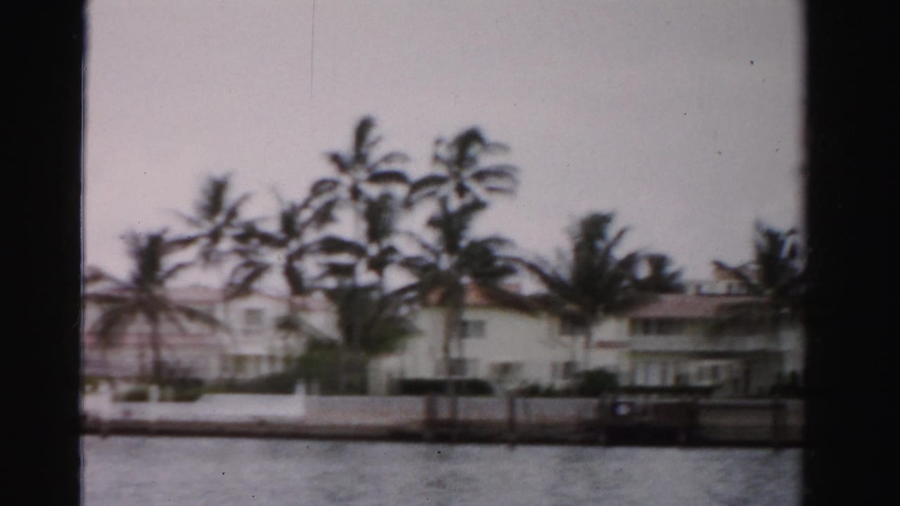 1955 Dade County waterfront view with palms, white houses, a seawall, and a small dock seen from a moving camera.