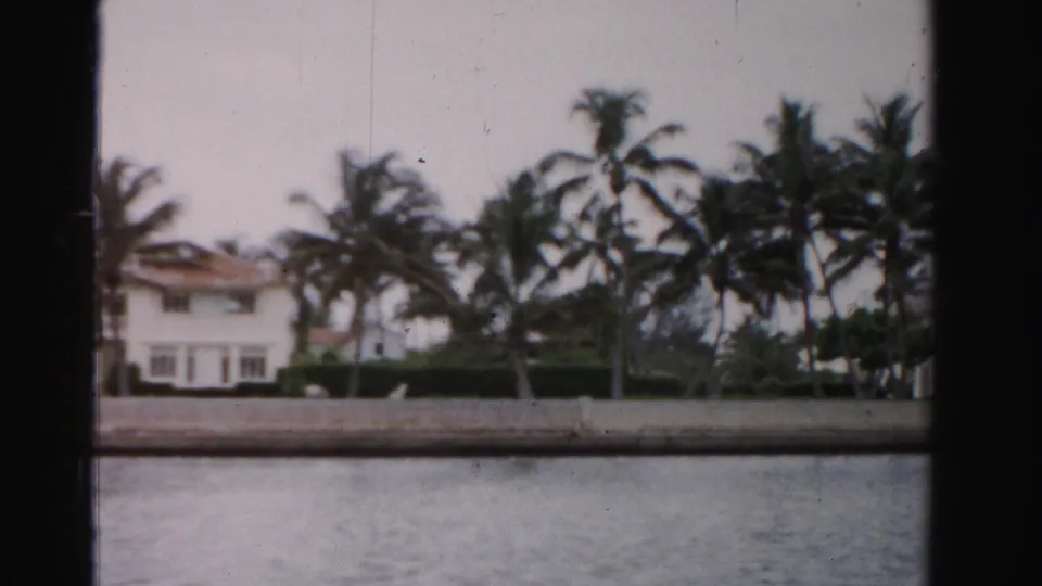 1955 8mm frame of palms, hedges, a partial waterfront house, and a seawall along calm Dade County water.