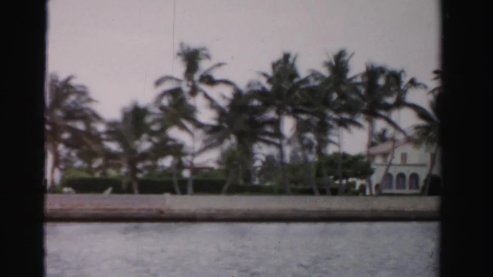 Dade County waterfront scene from 1955 showing palms, seawall, calm water, and a large residence partly visible at frame edge.