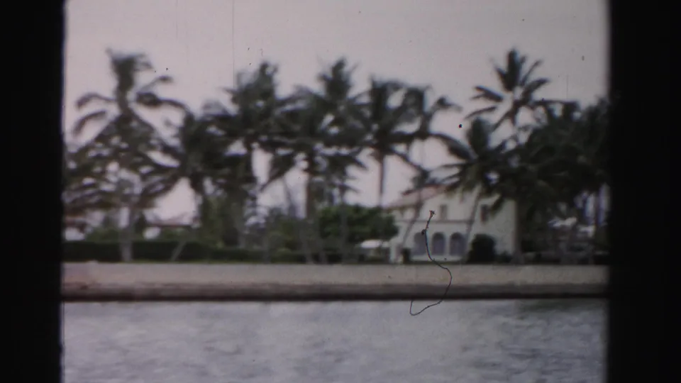 1955 Dade County 8mm frame showing palm trees and white stucco buildings along a calm shoreline.