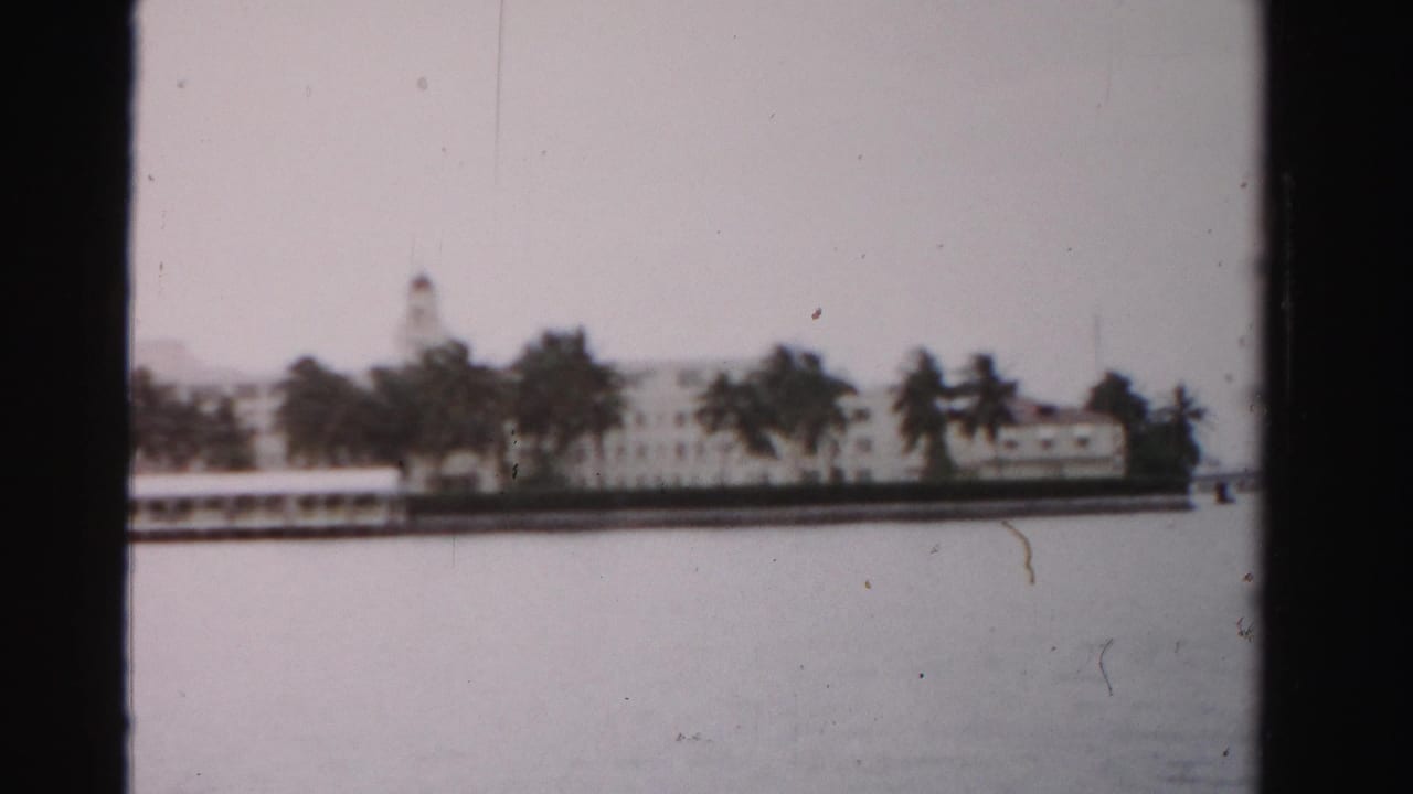Dade County waterfront view with a long white building, palms, and a tower-like roof feature across the water.
