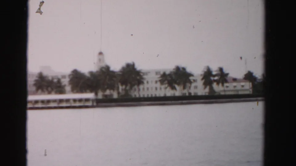 Soft 8mm frame of a palm-lined Dade County shoreline with a long white building and calm water in front.