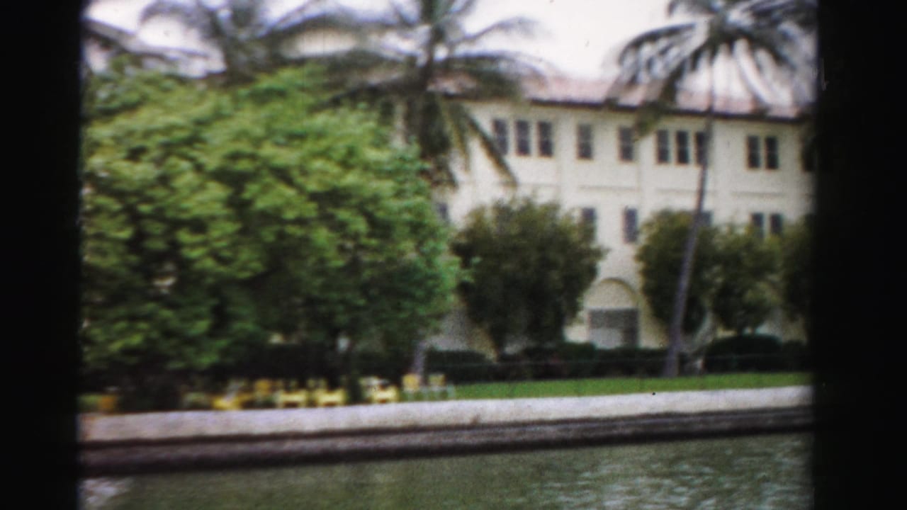 Large pale building beside water, partly framed by palms and greenery.