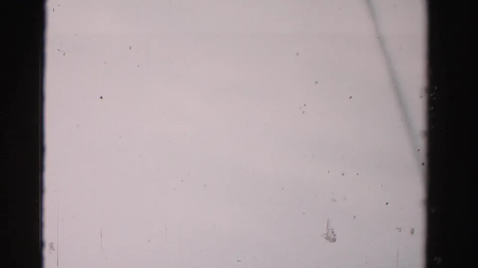 Out-of-focus 8mm end frame from the 1955 Dade County clip, showing pale blur, dust specks, and a dark edge line.