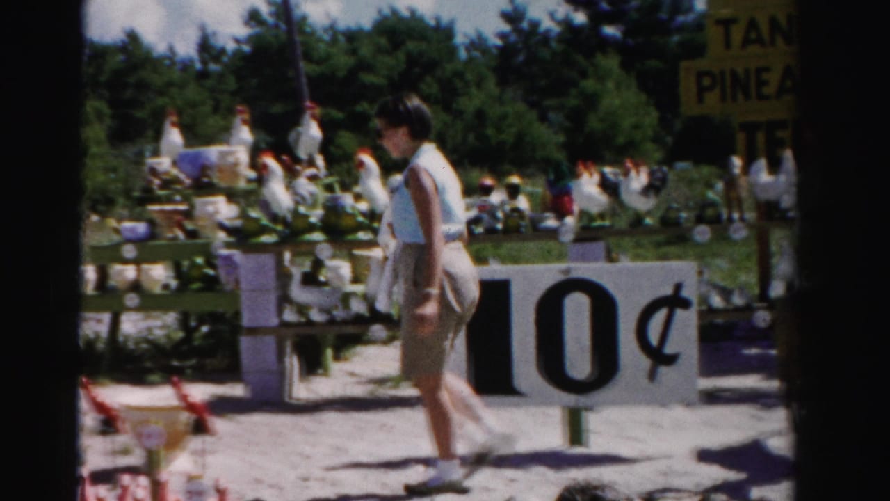 In 1955 Dade County, Florida footage, a woman passes a 10-cent sign beside ceramic chickens and garden ornaments at an outdoor sale.