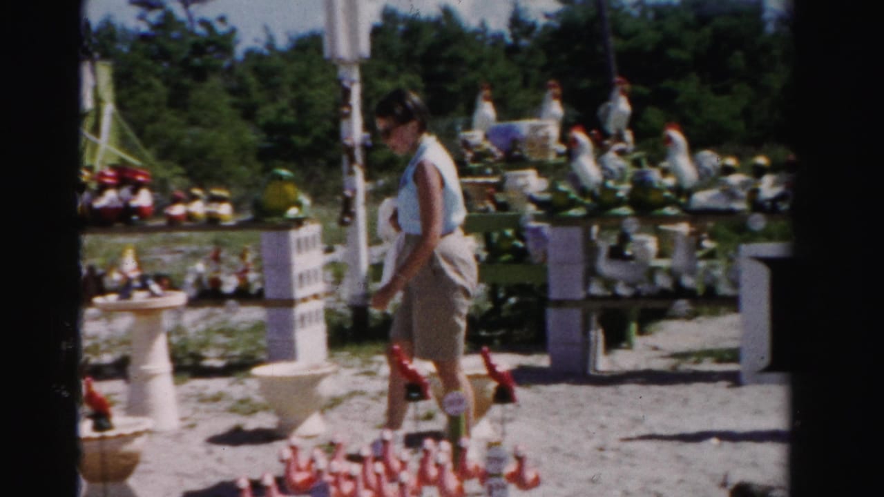 The woman pauses by outdoor displays of ceramic chickens, small ornaments, and a birdbath-like pedestal in sunny Dade County footage.