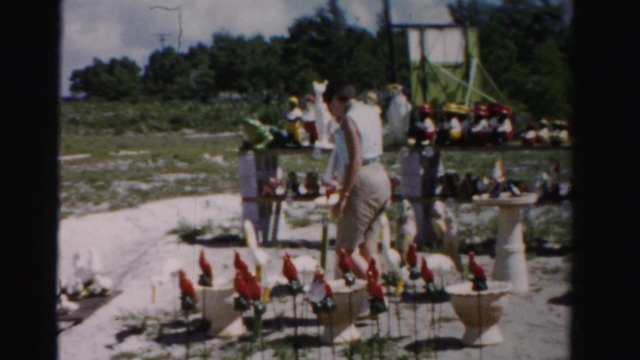 Woman walking past bird ornaments at an outdoor roadside display.