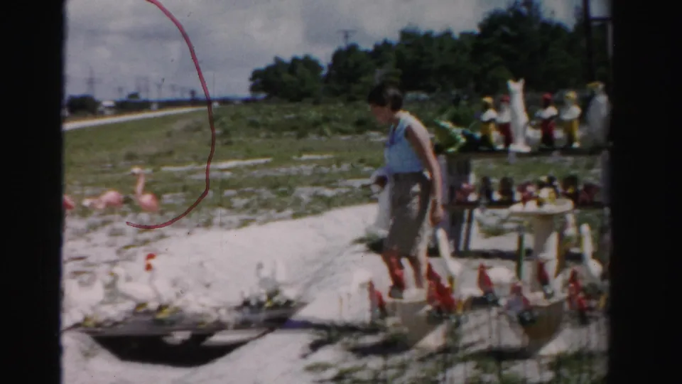 The woman passes a low display of bird lawn ornaments while pale pink flamingo figures are visible farther across the sandy roadside setting.