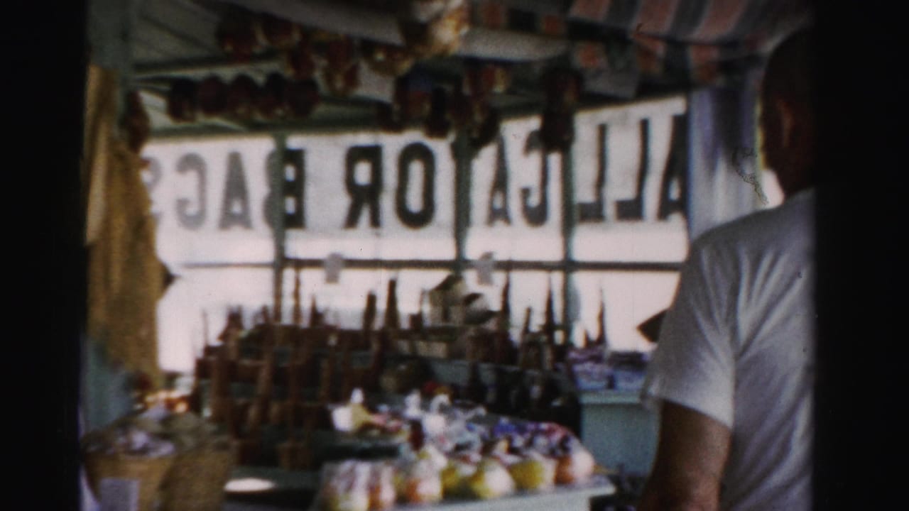 Man in a white T-shirt stands inside a souvenir shop near alligator bag window lettering.