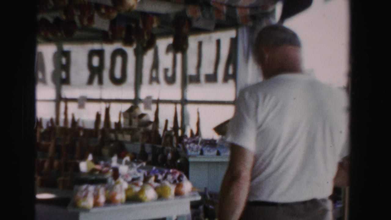 Man seen from behind inside a gift shop with merchandise and alligator bag lettering nearby.