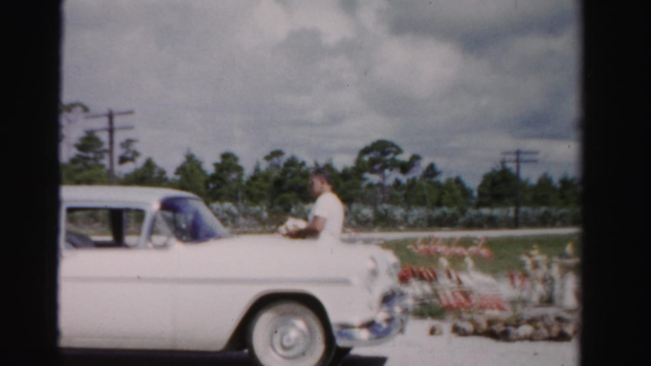 Man in a white shirt near a two-tone sedan beside roadside produce displays.