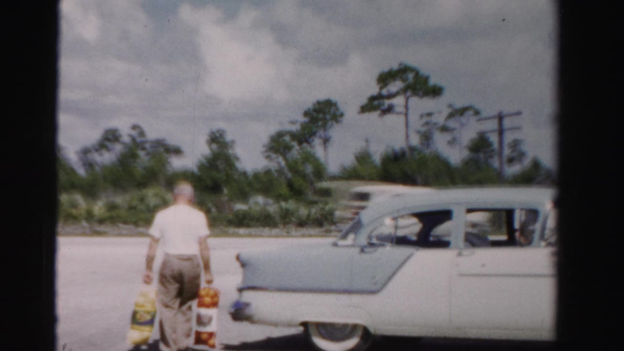 Man carrying grocery bags toward a pale vintage sedan in a roadside lot.