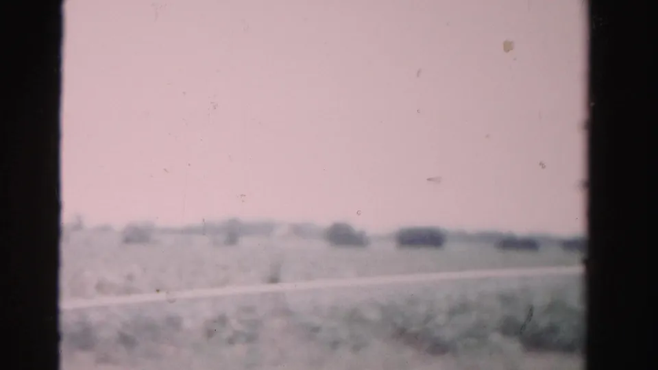 Final 1955 Florida train-window frame with open countryside, low vegetation, distant tree forms, and visible 8mm frame edges.