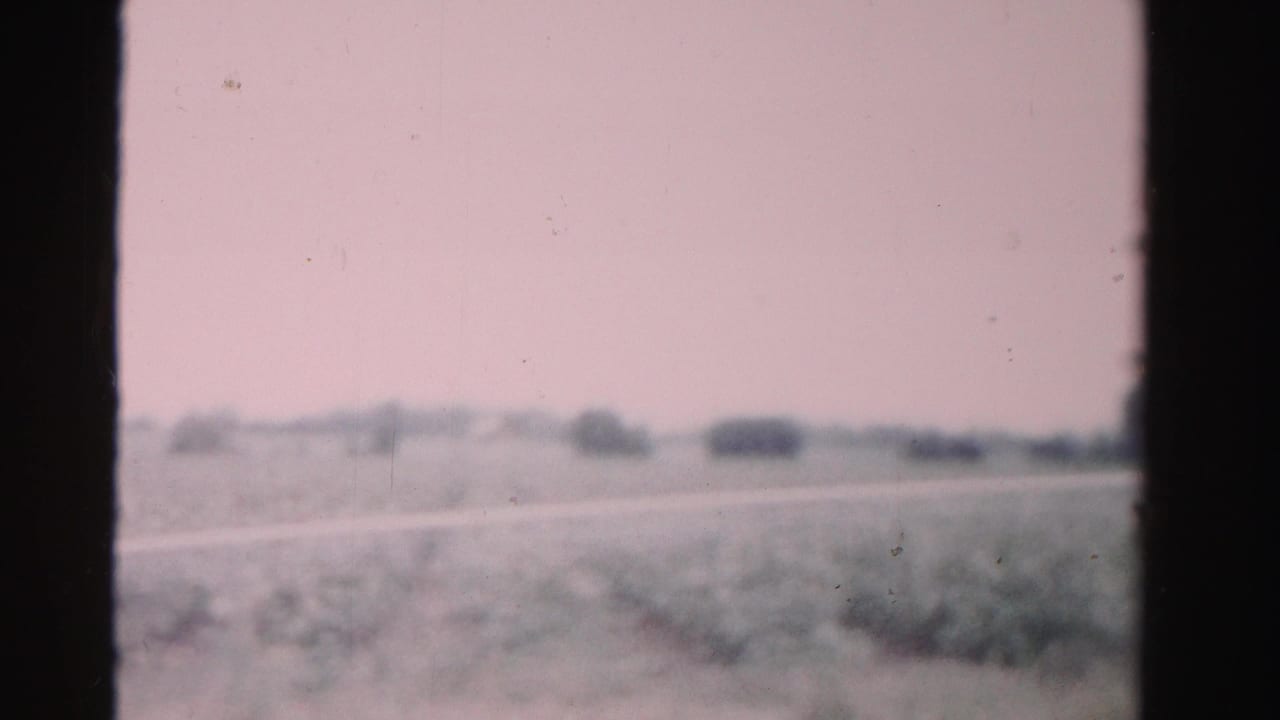 1955 Dade County 8mm frame showing a blurred rural roadside landscape with fields, tree line, and pinkish sky.
