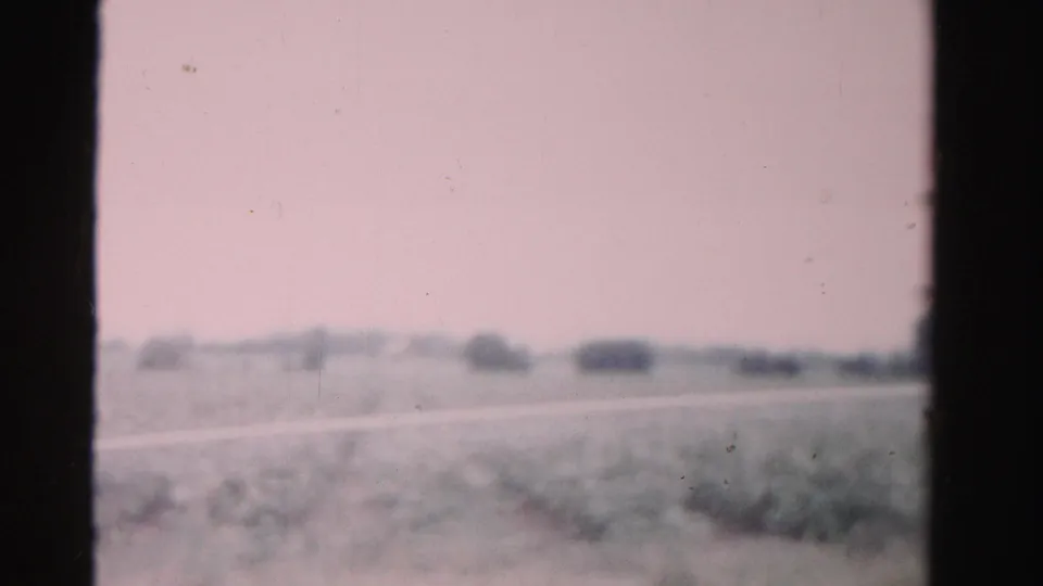 1955 Dade County 8mm frame showing a blurred rural roadside landscape with fields, tree line, and pinkish sky.