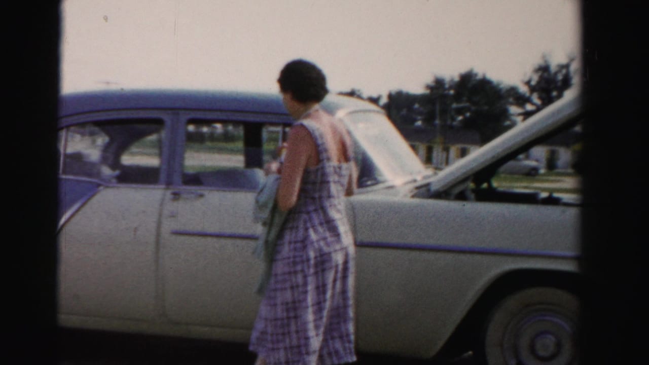 Woman in a plaid dress standing beside a two-tone sedan with a light bag.
