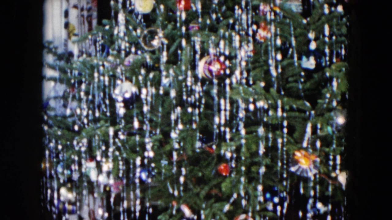 Decorated Christmas tree branches with silver tinsel and colorful ornaments.