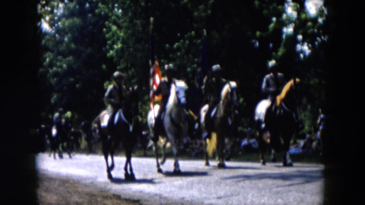 Mounted riders with flags move along a shaded road bordered by trees and spectators.