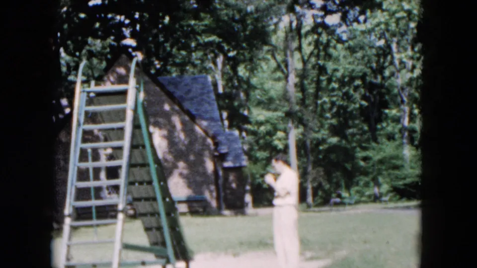 The 1955 Hicksville yard scene continues with a boy on the green ladder, an adult nearby, trees behind, and a small building at left.