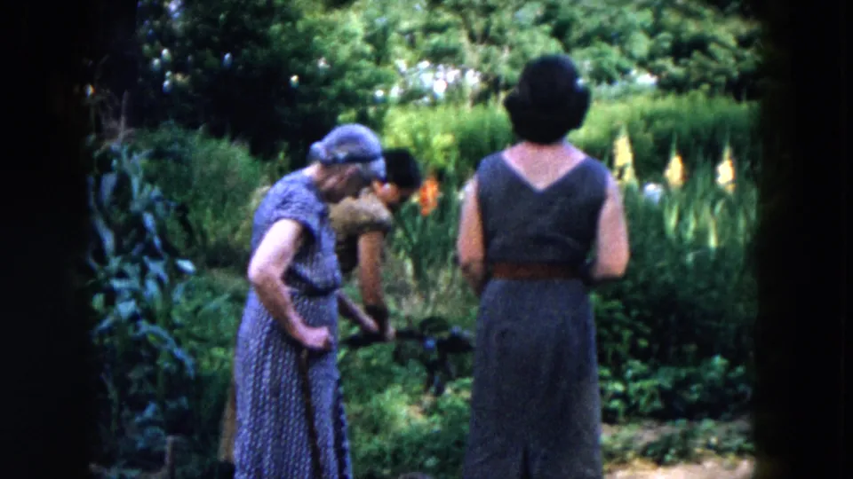 Three adult women are framed closer among garden rows in Hicksville, with one seen from behind and two leaning near plants.