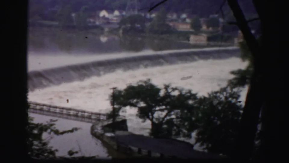 Handheld 8mm view of foaming river water over a dam near Albany, partly obscured by dark tree trunks.