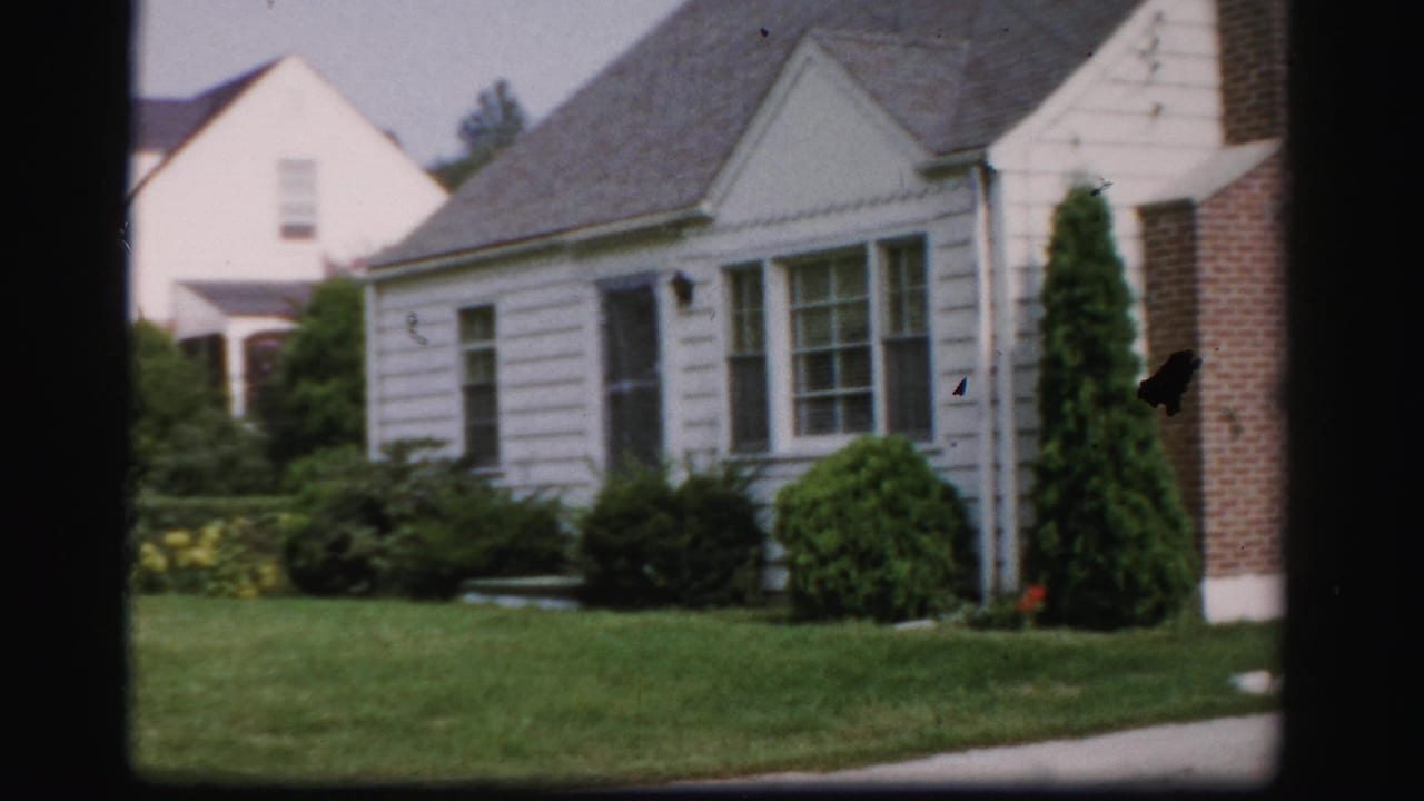 White suburban house with lawn, shrubs, windows, and neighboring homes in view.