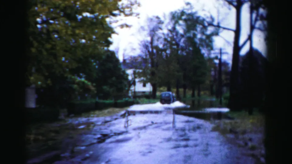 Albany, New York street scene with standing floodwater, trees, utility poles, a distant house, and a parked car.