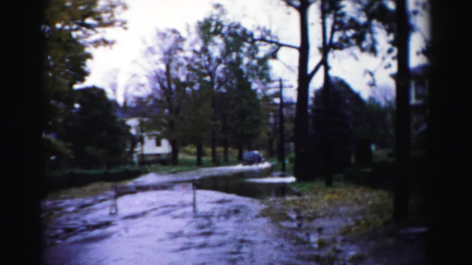Soft 8mm frame of an Albany residential street after flooding, showing reflective water, trees, a dark sedan, and distant buildings.