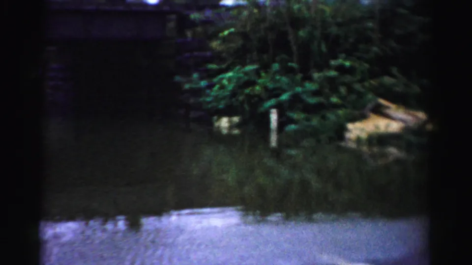 Albany 8mm frame showing trees, roadside brush, wet pavement, and floodwater along the edge of a submerged roadway.