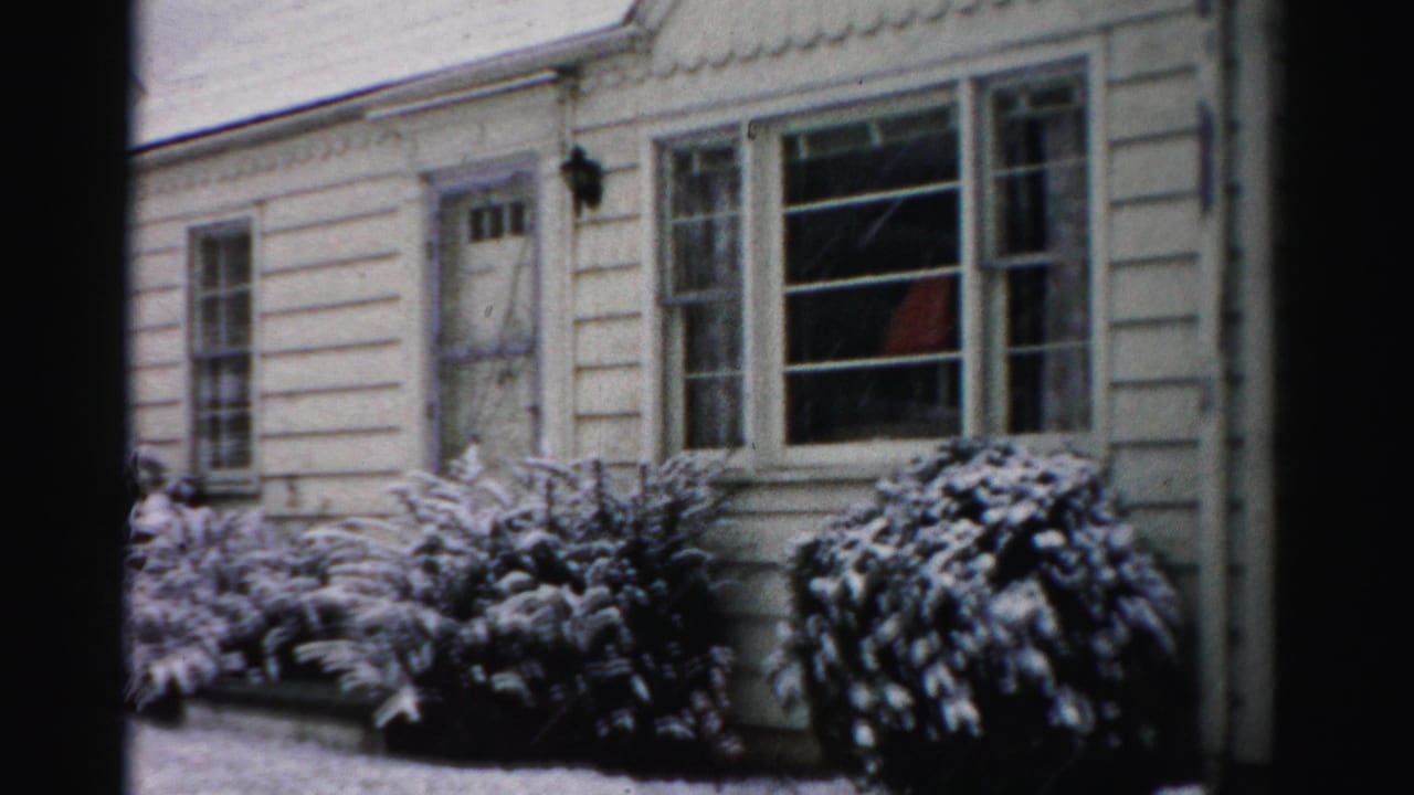Snowy front yard with bushes, a door, and multi-pane windows on a clapboard house.