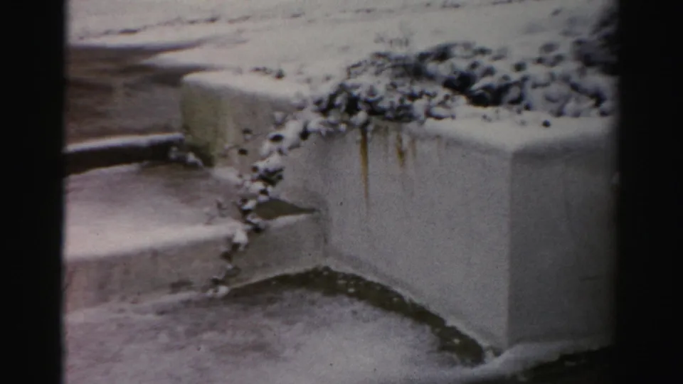 1956 Albany home-movie frame showing snow on steps, a concrete planter, and low bushes in a residential winter yard.