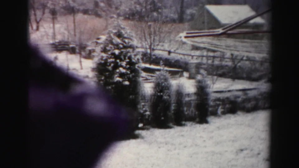 1956 Albany-area 8mm frame with snow-covered evergreens, a barn or shed roof, fence lines, and a dark out-of-focus foreground shape.