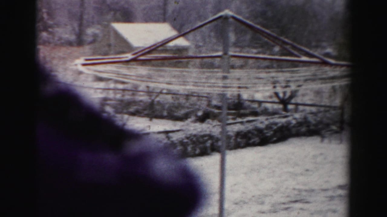 Snowy yard seen through a window with a clothesline and dark foreground silhouette.