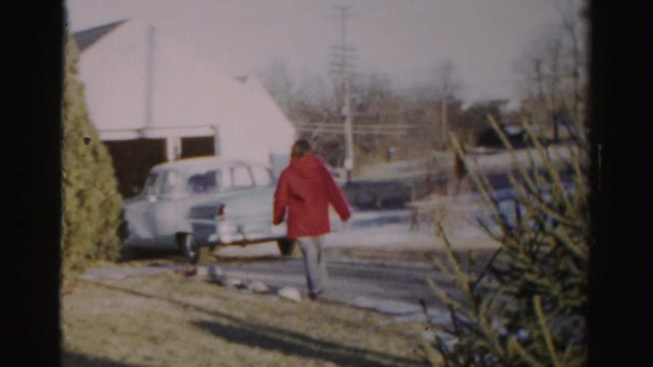 Person in a red coat continues toward a pale car beside a snowy driveway.