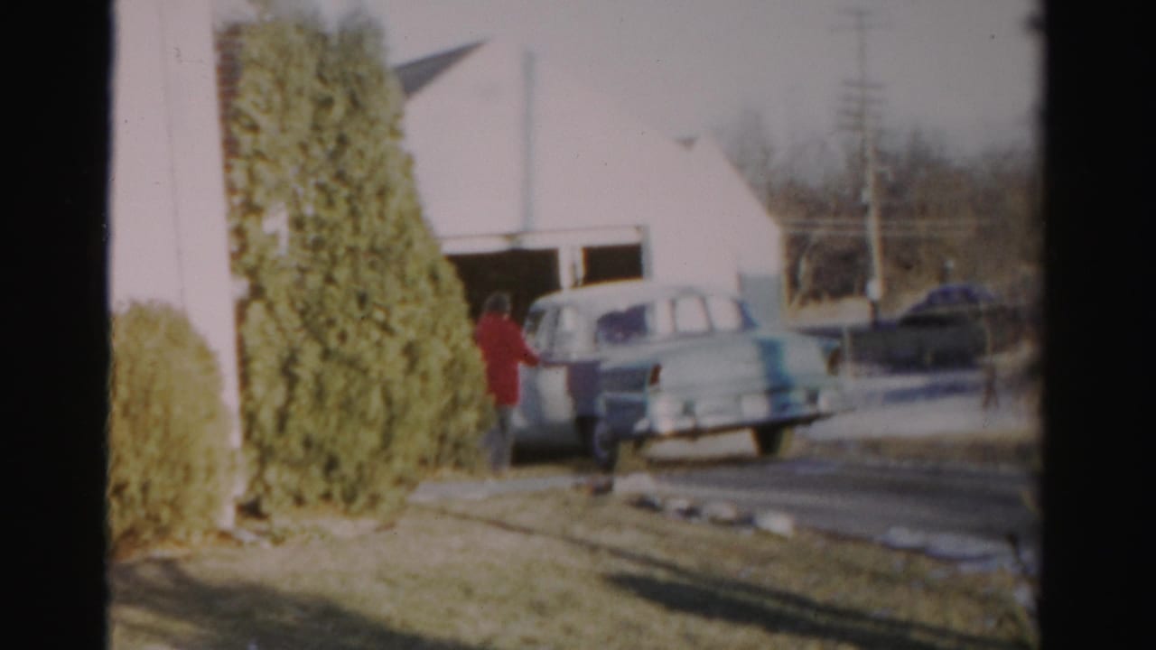 Woman in red stands beside the parked blue car near a garage and tall shrubs.