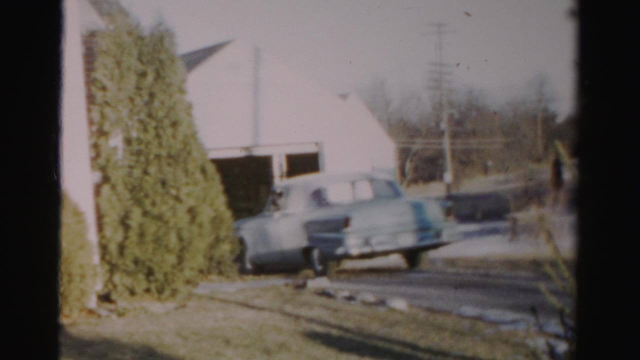 Blue sedan farther back in the driveway with garage, shrub, lawn and street edge visible.