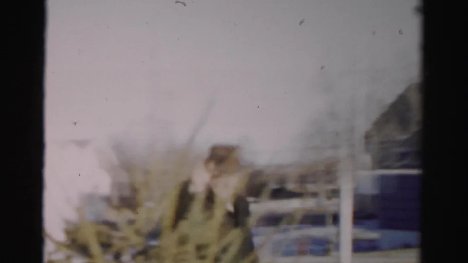 The man continues across the residential yard, with a blue house, bare branches, and a parked car visible in the background.
