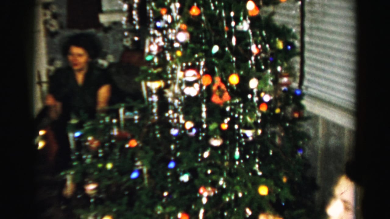 Decorated Christmas tree with seated adults partly visible behind it.