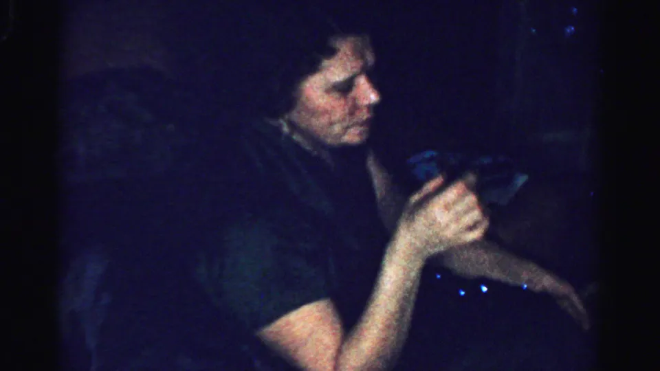 In a dim Albany home interior, a woman in a dark navy dress holds a glass near her face during the holiday gathering.