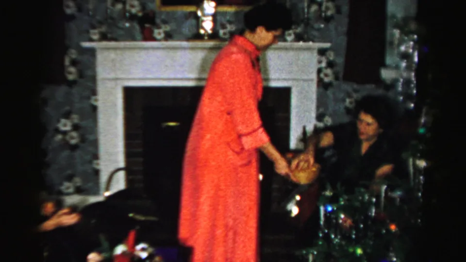 In the final frame, the woman in red serves from a bowl beside a seated guest and a small Christmas tree in a private Albany interior.