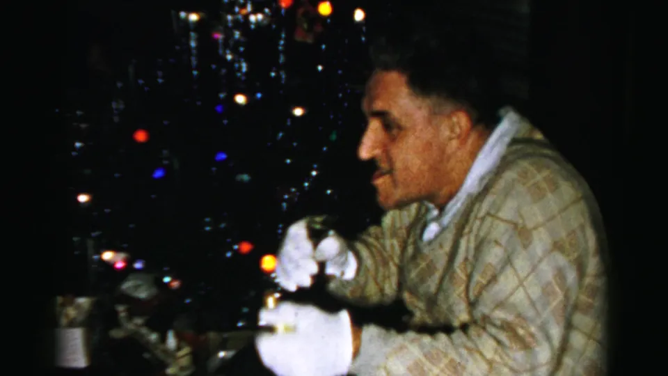 The man smiles slightly while handling a bottle and cork at a private Albany holiday gathering, with Christmas lights behind him.